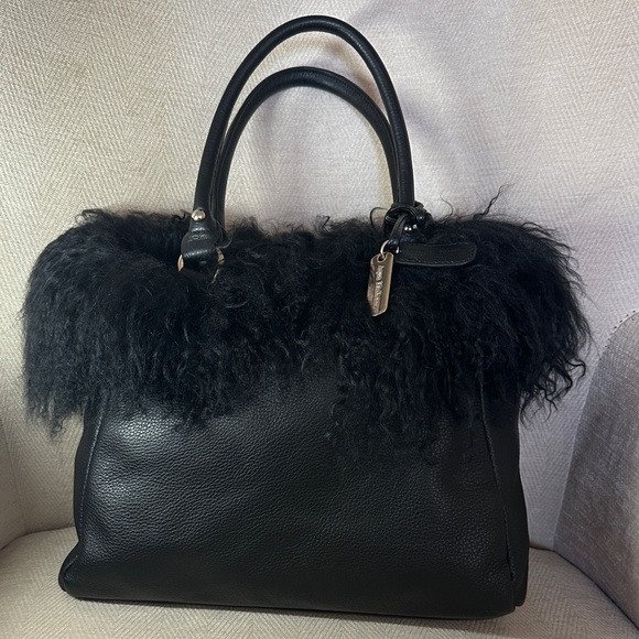 Aqua Madonna Elegant Black Satchel with Plush Fur Trim - Picture 4 of 12